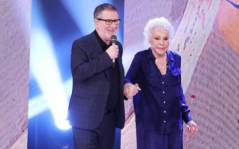 MILAN, ITALY - MAY 04: Fabio Fazio and Ornella Vanoni attend the "Che Tempo Che Fa" TV show at Nove Studios on May 04, 2025 in Milan, Italy. (Photo by Stefania D'Alessandro/Getty Images)