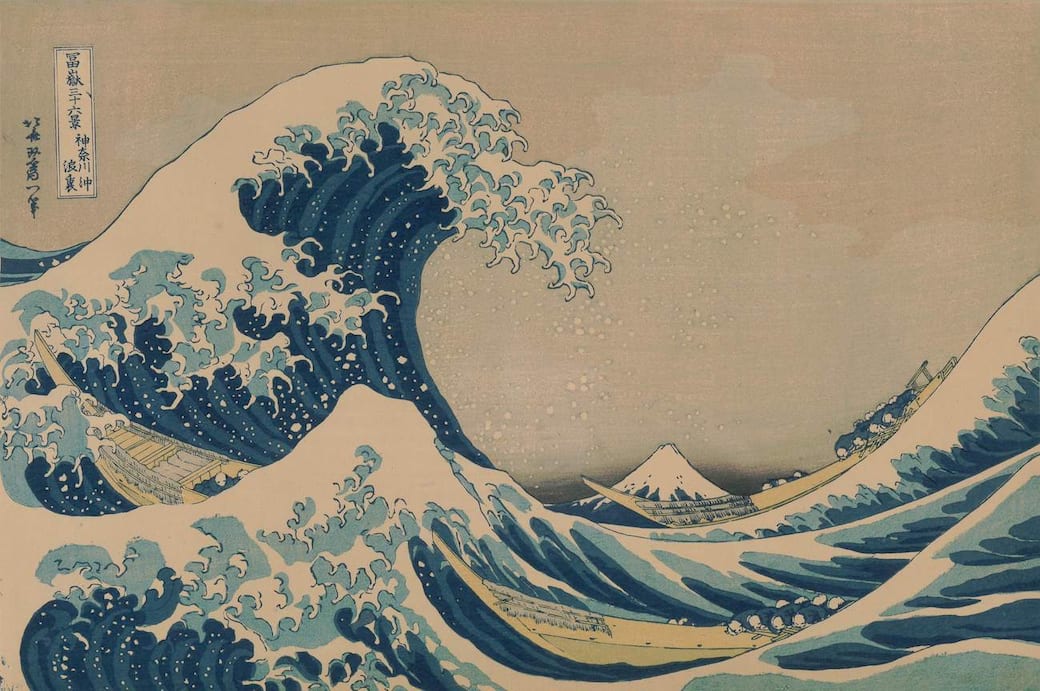 Hokusai Katsushika, La grande onda al largo di Kanagawa della serie Le 36 vedute del monte Fuji, xilografia policroma su carta di gelso, 257x379 mm, seconda metà XIX, collezione privata