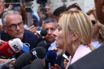 La premier Giorgia Meloni rilascia delle dichiarazioni alla stampa amargine delle commemorazioni di Palermo, Italia,19 luglio 2023. ANSA/IGOR PETYX