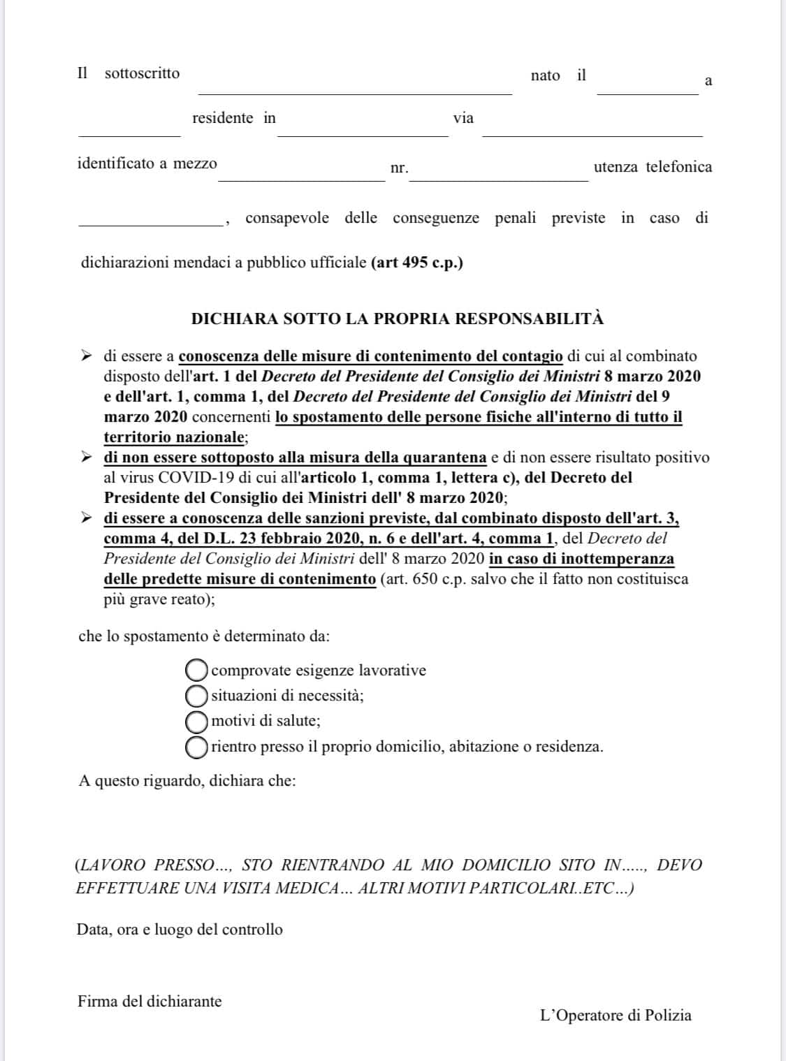 Il nuovo modulo di autocertificazione