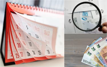 un calendario, lente di ingrandimento su busta inps e banconote di diverso taglio