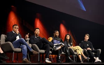 LONDON, ENGLAND - APRIL 10: (L-R) Milind Shinde, LeAndre Thomas, Arthell Isom, Nadia Darries and Daniel Clarke on stage during the Visions panel at Star Wars Celebration 2023 in London at ExCel on April 10, 2023 in London, England. (Photo by Jeff Spicer/Getty Images for Disney)