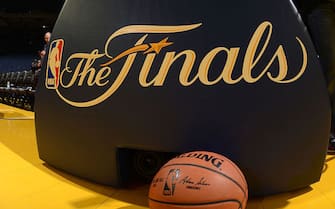 OAKLAND, CA - JUNE 4: A view of the Finals logo during practice and media availability as part of the 2016 NBA Finals on June 4, 2016 at ORACLE Arena in Oakland, California. NOTE TO USER: User expressly acknowledges and agrees that, by downloading and or using this photograph, User is consenting to the terms and conditions of the Getty Images License Agreement. Mandatory Copyright Notice: Copyright 2016 NBAE (Photo by Noah Graham/NBAE via Getty Images)