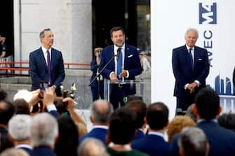 (da sx) Giuseppe Sala, Matteo Salvini e Pietro Salini alla inaugurazione del nuovo tratto della metropolitana M4 che collega l'aeroporto di Linate a San Babila, Milano, 4 luglio 2023.ANSA/MOURAD BALTI TOUATI