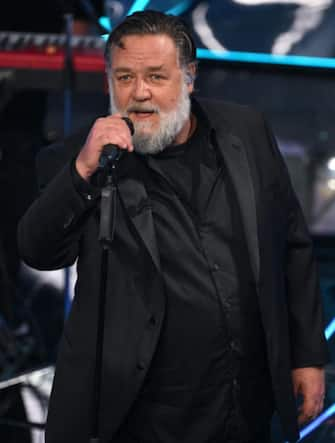 Australian actor. Russell Crowe performs on stage at the Ariston theatre during the 74th Sanremo Italian Song Festival, Sanremo, Italy, 08 February 2024. The music festival will run from 06 to 10 February 2024.  ANSA/ETTORE FERRARI