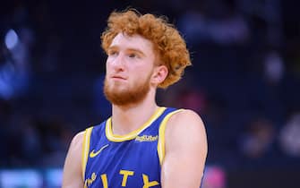 SAN FRANCISCO, CA - APRIL 27: Nico Mannion #2 of the Golden State Warriors looks on during the game against the Dallas Mavericks on April 27, 2021 at Chase Center in San Francisco, California. NOTE TO USER: User expressly acknowledges and agrees that, by downloading and or using this photograph, user is consenting to the terms and conditions of Getty Images License Agreement. Mandatory Copyright Notice: Copyright 2021 NBAE (Photo by Noah Graham/NBAE via Getty Images)