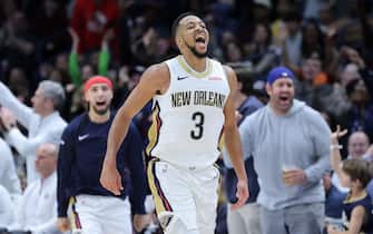 NEW ORLEANS, LOUISIANA - DECEMBER 31: CJ McCollum #3 of the New Orleans Pelicans reacts during the first half against the Los Angeles Lakers at the Smoothie King Center on December 31, 2023 in New Orleans, Louisiana. NOTE TO USER: User expressly acknowledges and agrees that, by downloading and or using this Photograph, user is consenting to the terms and conditions of the Getty Images License Agreement. (Photo by Jonathan Bachman/Getty Images)