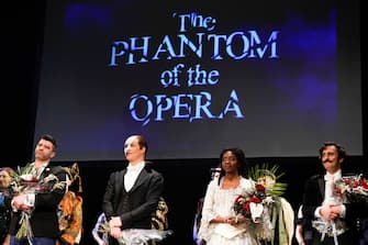 UNITED STATES -April 16:  Current cast members take the stage during Phantom of the Opera's  last curtain call after the last performance of Phantom of the Opera Sunday, April, 16, 2023  in Manhattan, New York. (Photo by Barry Williams for NY Daily News via Getty Images)