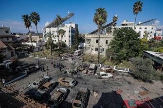 epa10925063 The scene at Al Ahli hospital in Gaza 18 October 2023 following Tuesday's blast after the building was hit by an air strike. According to Palestinian authorities in Gaza hundreds of people have been killed in an airstrike to the hospital in Gaza on 17 October. Israel has denied responsibility and said a Hamas rocket misfire caused the blast. More than 3,000 Palestinians and 1,400 Israelis have been killed according to the Israel Defense Forces (IDF) and the Palestinian Health authority since Hamas militants launched an attack against Israel from the Gaza Strip on 07 October. Israel has warned all citizens of the Gaza Strip to move to the south ahead of an expected invasion.  EPA/MOHAMMED SABER