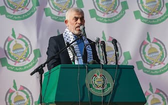 Yahya Sinwar, leader of the Palestinian Hamas Islamist movement take part in a rally organized to mark the movement's 35th founding anniversary.
