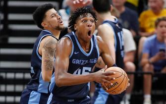 SALT LAKE CITY, UT - JULY 08: GG Jackson II #45 and Scottie Pippen Jr., #1 of the Memphis Grizzlies react to an officials call and during the second half of their NBA Summer League game against the Utah Jazz at the Delta Center on July 8, 2024 in Salt Lake City, Utah. NOTE TO USER: User expressly acknowledges and agrees that, by downloading and or using this photographer, user is consenting to the terms and conditions of Getty Images License Agreement.(Photo by Chris Gardner/Getty Images)