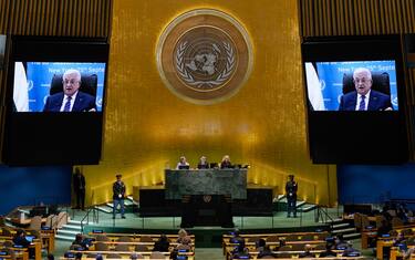Palestinian Authority President Mahmud Abbas speaks during the General Debate of the United Nations General Assembly at UN headquarters in New York City on September 25, 2025. (Photo by TIMOTHY A. CLARY / AFP)