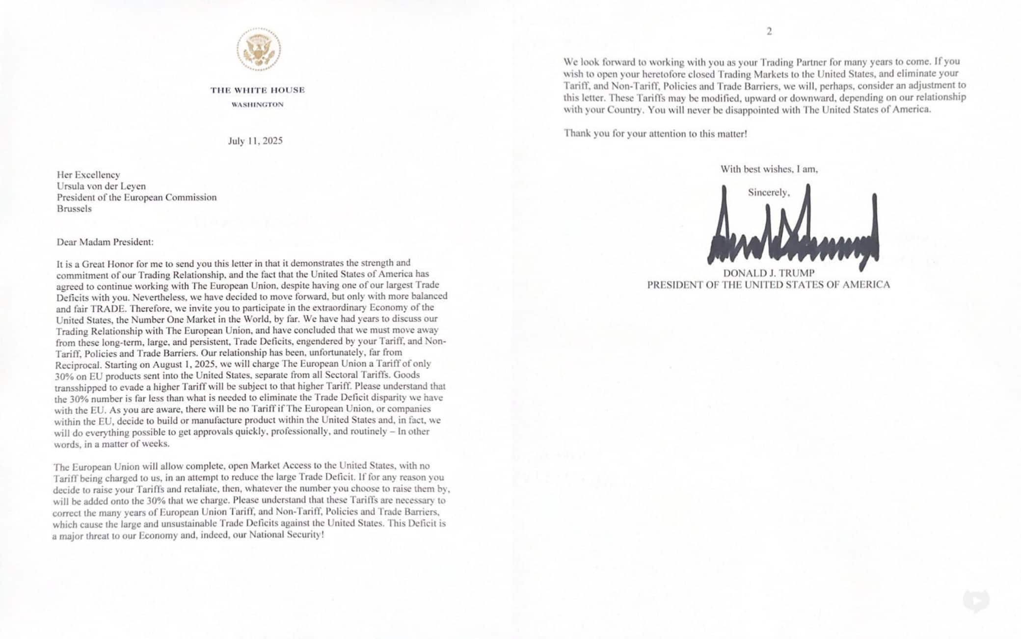La lettera pubblicata da Trump su Truth Lettera Trump