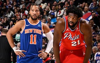 PHILADELPHIA, PA - JANUARY 5:  Jalen Brunson #11 of the New York Knicks and Joel Embiid #21 of the Philadelphia 76ers look on during the game on January 5, 2024 at the Wells Fargo Center in Philadelphia, Pennsylvania NOTE TO USER: User expressly acknowledges and agrees that, by downloading and/or using this Photograph, user is consenting to the terms and conditions of the Getty Images License Agreement. Mandatory Copyright Notice: Copyright 2024 NBAE (Photo by David Dow/NBAE via Getty Images)