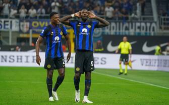 Marcus Thuram (#9 FC Inter) goal celebrate during the Italian championship Serie A football match between FC Internazionale and AC Milan on September 16, 2023 at Giuseppe Meazza stadium in Milan, Italy