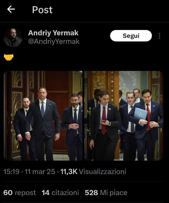Colloqui con Usa, Yermak posta emoticon con una stretta di mano su X