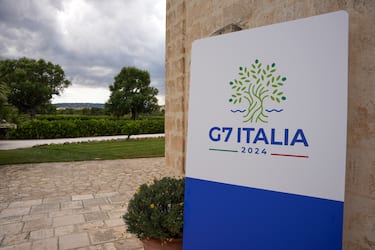 A G7 Italia logo on the opening day of the Group of Seven (G-7) leaders summit at the Borgo Egnazia resort in Savelletri, Italy, on Thursday, June 13, 2024. Group of Seven leaders are set to reach a political agreementÂ to provide Ukraine with $50 billion of aidÂ using the profits generated by frozen Russian sovereign assets, according to an Elysee official. Photographer: Francesca Volpi/Bloomberg via Getty Images