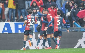 team Genoa celebrates after scoring a goal 2 - 1 during Genoa CFC vs Cagliari Calcio, Italian soccer Serie A match in Genoa, Italy, November 24 2024
