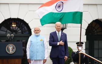 U.S. President Joe Biden welcomes Indian Prime Minister Narendra Modi during the Official Arrival Ceremony at the White House in Washington on June 22, 2023. Photo by Yuri Gripas/ABACAPRESS.COM