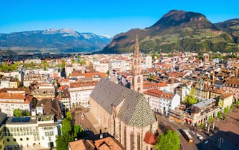 Bolzano Cathedral or Duomo di Bolzano aerial panoramic view, located in Bolzano city in South Tyrol, Italy