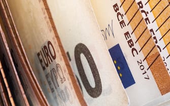 stack of 50 euros bill notes close-up