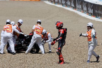 JEREZ DE LA FRONTERA, SPAIN - APRIL 27: Maverick Vinales of Spain and Aprilia Racing Team crash during the Sprint at the MotoGP Of Spain on April 27, 2024 in Jerez de la Frontera, Spain. (Photo by Joao Rico/DeFodi Images via Getty Images)