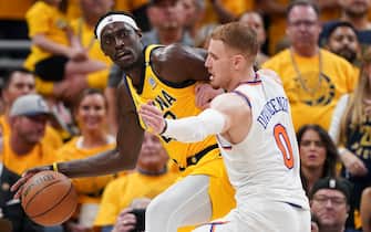 INDIANAPOLIS, INDIANA - MAY 17: Pascal Siakam #43 of the Indiana Pacers dribbles the ball against Donte DiVincenzo #0 of the New York Knicks during the second quarter in Game Six of the Eastern Conference Second Round Playoffs at Gainbridge Fieldhouse on May 17, 2024 in Indianapolis, Indiana. NOTE TO USER: User expressly acknowledges and agrees that, by downloading and or using this photograph, User is consenting to the terms and conditions of the Getty Images License Agreement. (Photo by Dylan Buell/Getty Images)
