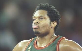 17 Apr 1997:  Center Sam Perkins of the Seattle Supersonics stands on the court during a game against the Denver Nuggets at the McNichols Arena in Denver, Colorado.  The Sonics won the game 108-104. Mandatory Credit: Brian Bahr  /Allsport