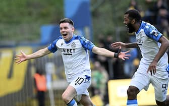 Club's Hugo Vetlesen celebrates after scoring during a soccer match between Royale Union Saint Gilloise and Club Brugge KV, Sunday 21 April 2024 in Brussels, on day 4 (out of 10) of the Champions' Play-offs of the 2023-2024 'Jupiler Pro League' first division of the Belgian championship. BELGA PHOTO JOHN THYS (Photo by JOHN THYS/Belga/Sipa USA)