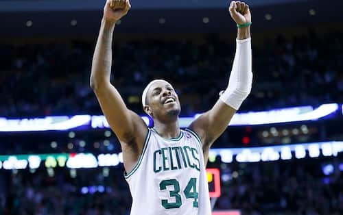 BOSTON, MA - FEBRUARY 10: Boston Celtics small forward Paul Pierce (34) celebrates the win at the end of the Boston Celtics 118-114 3OT victory over the Denver Nuggets at TD Garden on February 10, 2013 in Boston, Massachusetts. NOTE TO USER: User expressly acknowledges and agrees that, by downloading and or using this photograph, User is consenting to the terms and conditions of the Getty Images License Agreement. (Photo by Chris Elise/Getty Images)