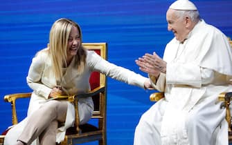 Pope Francis and Italian Prime minister Giorgia Meloni at Conciliation auditorium during the event States General of the Natality, in Rome, Italy, 11 May 2023. ANSA/GIUSEPPE LAMI