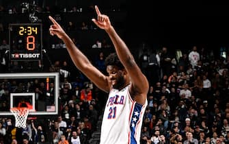 BROOKLYN, NY - NOVEMBER 19: Joel Embiid #21 of the Philadelphia 76ers celebrates during the game against the Brooklyn Nets on November 19, 2023 at Barclays Center in Brooklyn, New York. NOTE TO USER: User expressly acknowledges and agrees that, by downloading and or using this Photograph, user is consenting to the terms and conditions of the Getty Images License Agreement. Mandatory Copyright Notice: Copyright 2023 NBAE (Photo by David Dow/NBAE via Getty Images)