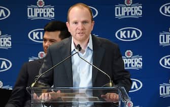 LOS ANGELES, CA - JULY 24: President of Basketball Operations, Lawrence Frank, of the LA Clippers speaks during a press conference at Green Meadows Recreation Center on July 24, 2019 in Los Angeles, California. NOTE TO USER: User expressly acknowledges and agrees that, by downloading and/or using this Photograph, user is consenting to the terms and conditions of the Getty Images License Agreement. Mandatory Copyright Notice: Copyright 2019 NBAE (Photo by Adam Pantozzi/NBAE via Getty Images)