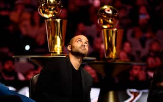 SAN ANTONIO, TX - NOVEMBER 11: NBA Legend, Tony Parker looks on during his jersey retirement on November 11, 2019 at the AT&T Center in San Antonio, Texas. NOTE TO USER: User expressly acknowledges and agrees that, by downloading and or using this photograph, user is consenting to the terms and conditions of the Getty Images License Agreement. Mandatory Copyright Notice: Copyright 2019 NBAE (Photos by Logan Riely/NBAE via Getty Images)