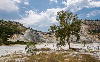 Solfatara is a shallow volcanic crater at Pozzuoli, near Naples, part of the Campi Flegrei volcanic area (from Wikipedia).