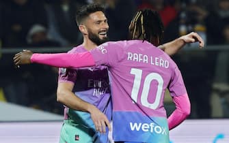 Olivier Giroud of Milan celebrates with Rafael Leao after scoring 0-1 goal by header during the Serie A soccer match between Frosinone Calcio and AC Milan at Benito Stirpe stadium in Frosinone, Italy, 3 February 2024. ANSA/FEDERICO PROIETTI