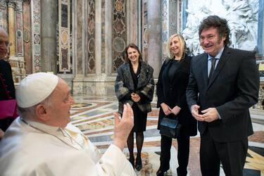 Pope Francis meets Argentina's President Javier Milei in St. Peter's Basilica  prior to the Mass for Canonization of Maria Antonia of Saint Joseph de Paz y Figueroa, Vatican City, 11 February 2024.
ANSA/ VATICAN MEDIA
+++ ANSA PROVIDES ACCESS TO THIS HANDOUT PHOTO TO BE USED SOLELY TO ILLUSTRATE NEWS REPORTING OR COMMENTARY ON THE FACTS OR EVENTS DEPICTED IN THIS IMAGE; NO ARCHIVING; NO LICENSING +++ NPK +++