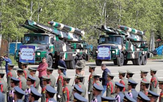 epa11283816 Iranian medium range missiles 'Nazeat' are displayed during the annual Army Day celebration at a military base in Tehran, Iran, 17 April 2024. According to Iranian state media, Raisi described the recent attack launched towards Israel as 'limited' and 'punitive', adding that any act of aggression against Iran will be dealt with a 'powerful and fierce' response. Iran's Islamic Revolutionary Guards Corps (IRGC) launched drones and rockets towards Israel late on 13 April.  EPA/ABEDIN TAHERKENAREH