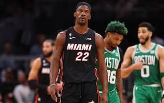 BOSTON, MASSACHUSETTS - MAY 29: Jimmy Butler #22 of the Miami Heat reacts during the second quarter against the Boston Celtics in game seven of the Eastern Conference Finals at TD Garden on May 29, 2023 in Boston, Massachusetts. NOTE TO USER: User expressly acknowledges and agrees that, by downloading and or using this photograph, User is consenting to the terms and conditions of the Getty Images License Agreement. (Photo by Maddie Meyer/Getty Images)