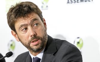 epa06185024 epa06185020 The new chairman of the European Club Association (ECA), Italian Andrea Agnelli of Juventus Turin attends a press conference after the plenary general assembly of the ECA in Geneva, Switzerland, 05 September 2017.  EPA/SALVATORE DI NOLFI