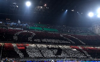 SAN SIRO STADIUM, MILAN, ITALY - 2023/04/12: Milan fans show a choreography depicting the seven champions' cups won during the Champions League football match between AC Milan and SSC Napoli. Milan won 1-0 over Napoli. (Photo by Insidefoto/Insidefoto/LightRocket via Getty Images)