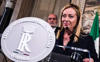Italian designated prime minister Giorgia Meloni address the media after a meeting with Italian President Sergio Mattarella at the Quirinale Palace on new government formation, in Rome, Italy, 21 October 2022. ANSA / ANGELO CARCONI