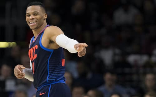 PHILADELPHIA, PA - DECEMBER 15: Russell Westbrook #0 of the Oklahoma City Thunder reacts in the second quarter against the Philadelphia 76ers at the Wells Fargo Center on December 15, 2017 in Philadelphia, Pennsylvania. NOTE TO USER: User expressly acknowledges and agrees that, by downloading and or using this photograph, User is consenting to the terms and conditions of the Getty Images License Agreement. (Photo by Mitchell Leff/Getty Images)
