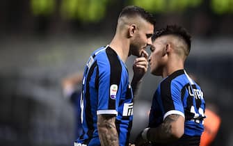 STADIO GIUSEPPE MEAZZA, MILAN, ITALY - 2019/05/26: Mauro Icardi (L) of FC Internazionale and Lautaro Martinez of FC Internazionale are seen at the end of the Serie A football match between FC Internazionale and Empoli FC. FC Internazionale won 2-1 over Empoli FC. (Photo by NicolÃ² Campo/LightRocket via Getty Images)