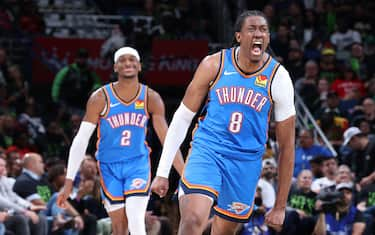 NEW ORLEANS, LA - APRIL 29: Jalen Williams #8 of the Oklahoma City Thunder celebrates during the game against the New Orleans Pelicans during Round 1 Game 4 of the 2024 NBA Playoffs on April 29, 2024 at the Smoothie King Center in New Orleans, Louisiana. NOTE TO USER: User expressly acknowledges and agrees that, by downloading and or using this Photograph, user is consenting to the terms and conditions of the Getty Images License Agreement. Mandatory Copyright Notice: Copyright 2024 NBAE (Photo by Jeff Haynes/NBAE via Getty Images)