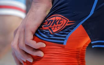 SACRAMENTO, CA - DECEMBER 19: A close up of the Oklahoma City Thunder logo on the shorts belonging to Steven Adams #12 during the game against the Sacramento Kings on December 19, 2018 at Golden 1 Center in Sacramento, California. NOTE TO USER: User expressly acknowledges and agrees that, by downloading and or using this photograph, User is consenting to the terms and conditions of the Getty Images Agreement. Mandatory Copyright Notice: Copyright 2018 NBAE (Photo by Rocky Widner/NBAE via Getty Images)