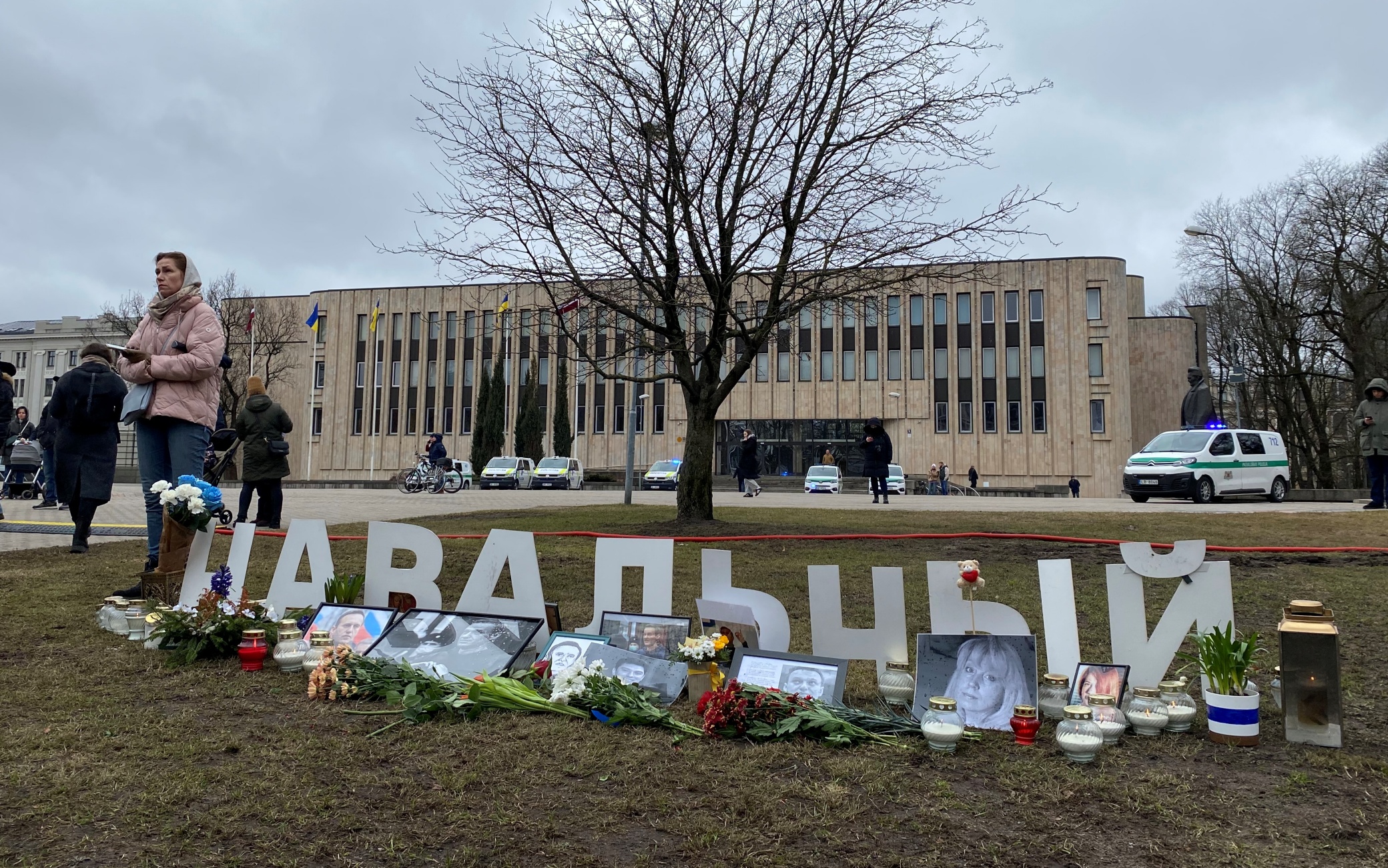 17 March 2024, Latvia, Riga: The "Navalny" sign is displayed on the square opposite the Russian embassy. Presidential elections are taking place in Russia. Photo: Alexander Welscher/dpa (Photo by Alexander Welscher/picture alliance via Getty Images)