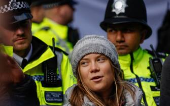 Greta Thunberg, climate activist, during a protest organised by Fossil Free London outside the venue of the Energy Intelligence Forum in London, UK, on Tuesday, Oct. 17, 2023. Anti fossil-fuel protesters led by Thunberg are blocking oil executives from entering the annual Energy Intelligence Forum in London. Photographer: Carlos Jasso/Bloomberg via Getty Images