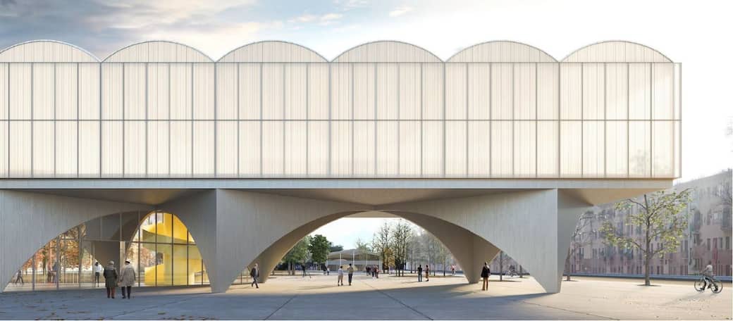  render della nuova Biblioteca Lorenteggio, Milano. Progetto di Grau Magaña Urtzi, con Jocelyn Froimovich Hes, Laura Signorelli, Cristiana Francesca Giordano e Stefano Rolla