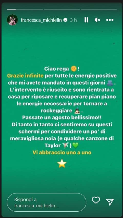 La IG Story con cui Francesca Michielin ha annunciato ai propri fan la buona riuscita dell'intervento chirurgico a cui si è dovuta sottoporre